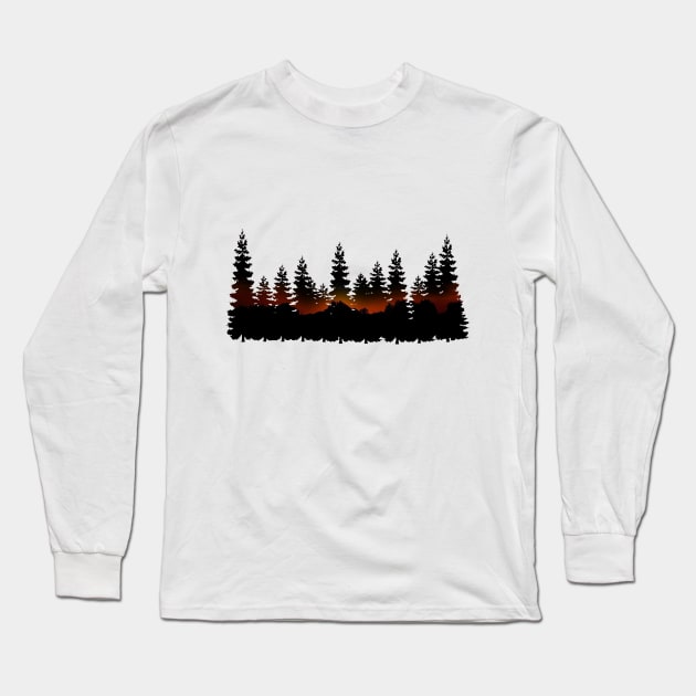Pine Trees Double Exposure Sunset Long Sleeve T-Shirt by euglenii